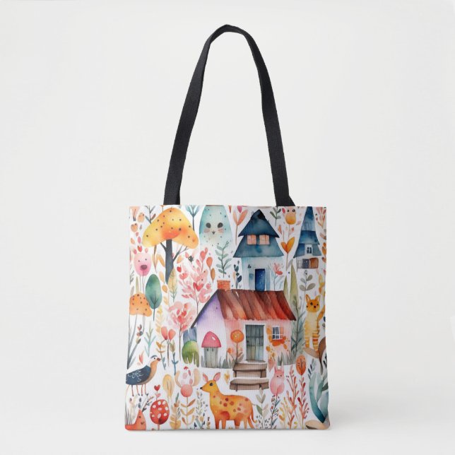 Bolsa Tote Jardim de algodão, animais de campo floral (Frente)