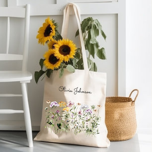 Bolsa Tote Jardim de Flores Silvestres Aquarela Monogramada