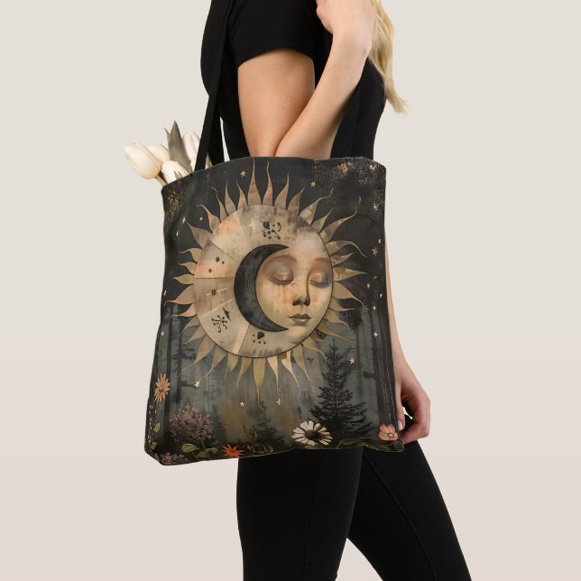 Bolsa Tote Jardim de Flores Silvestres Boho Celestial Sol Lua (Close Up)