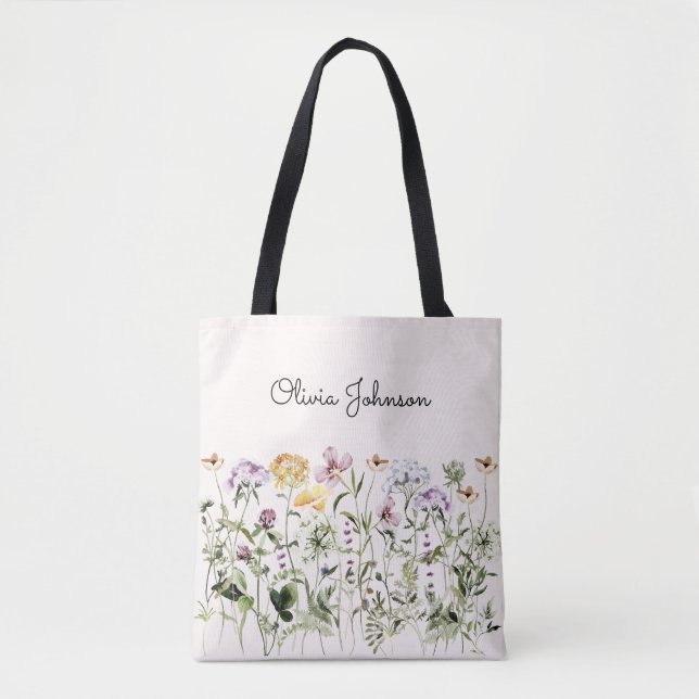 Bolsa Tote Jardim de Flores Silvestres com Nome Personalizado (Frente)