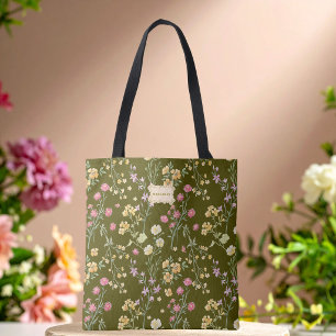 Bolsa Tote Jardim de Flores Verde Oliva Tendência Única