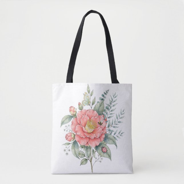 Bolsa Tote Jardim de Hibisco com Libélula Fofa em Aquarela (Frente)