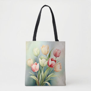 Bolsa Tote Jardim De Tulipas De Aquarela Em Verde Sage