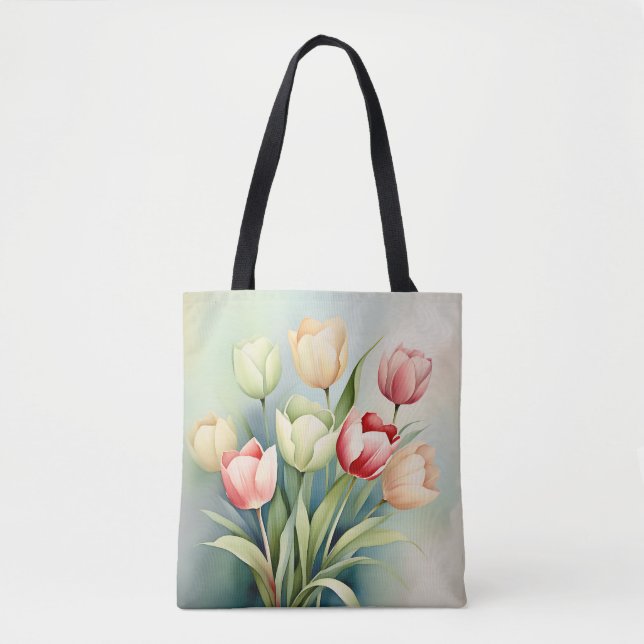 Bolsa Tote Jardim De Tulipas De Aquarela Em Verde Sage (Frente)