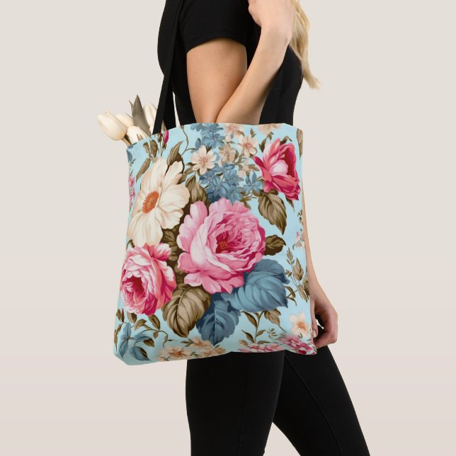 Bolsa Tote Jardim Floral Azul-Rosa Vintage (Close Up)