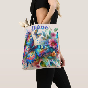 Bolsa Tote Jardim Floral de Borboletas em Aquarela Personaliz
