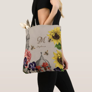 Bolsa Tote Jardim Floral de Colmeia Rústica Vintage com Monog
