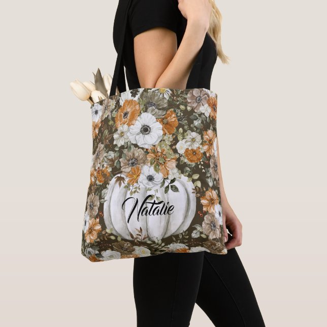 Bolsa Tote Jardim floral de safra fofinha monograma com Pumpk (Close Up)