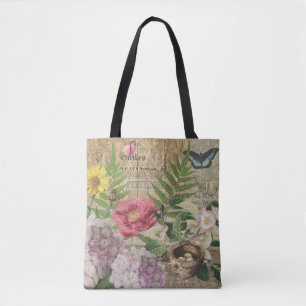Bolsa Tote Jardim Floral Ninho de Pássaro Arte Flor Borboleta