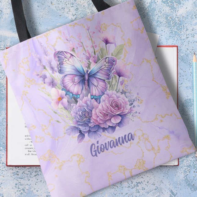 Bolsa Tote Jardim Florido de Borboleta Roxa  (Criador carregado)