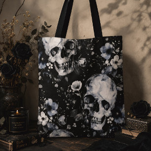 Bolsa Tote Jardim Gótico Caveiras e Flores Preto Floral