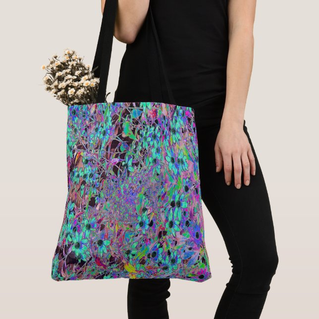 Bolsa Tote Jardim Roxo com Flores Alucinógenas Aquamarinas (Close Up)
