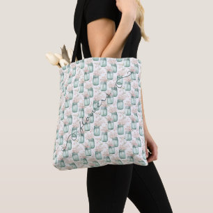 Bolsa Tote Jarras Mason Verdes Flores Rosa