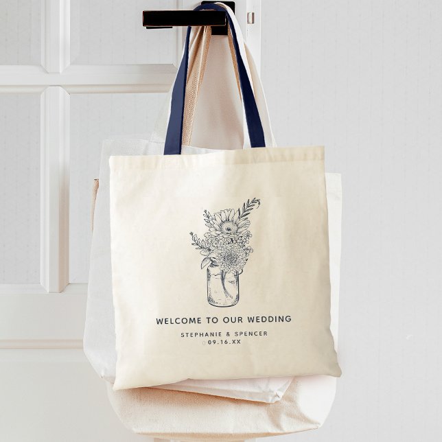 Bolsa Tote Jarros de Pedra com Flores Silvestres Boas-Vindas  (Rustic Wildflower Mason Jar Welcome Wedding Tote Bag)
