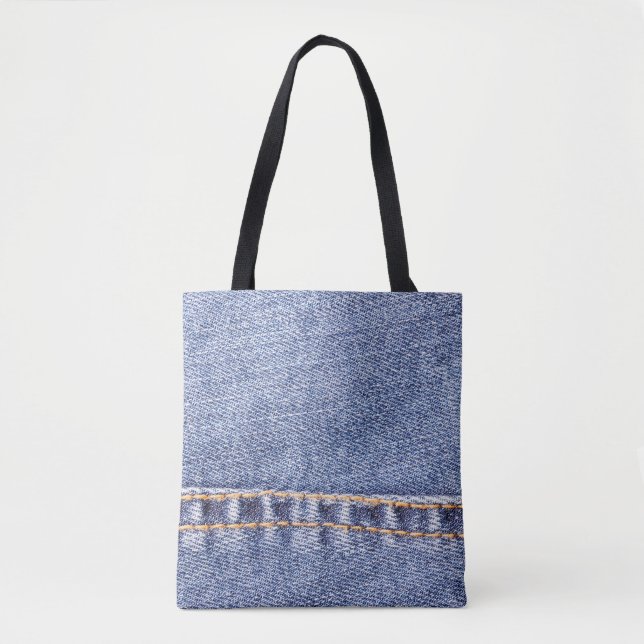 Bolsa Tote Jeans azuis costuram textura fechada.  (Frente)