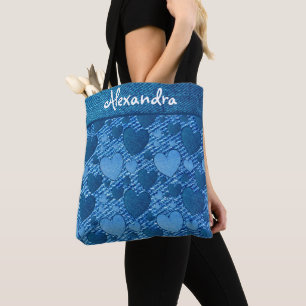 Bolsa Tote Jeans Azuis Indigo Denim Copia Impressão Nome do