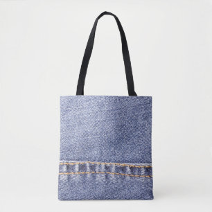 Bolsa Tote Jeans azuis: textura pormenorizada da costura.