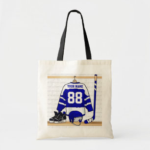 Bolsa Tote Jérsei azul e branco personalizado do hóquei em