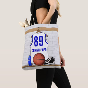 Bolsa Tote Jérsei de Basquete Branco e Azul Personalizado
