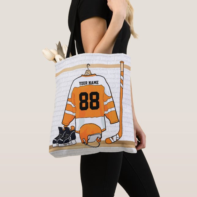 Bolsa Tote Jérsei de Hóquei em Gelo Laranja e Branco Personal (Close Up)