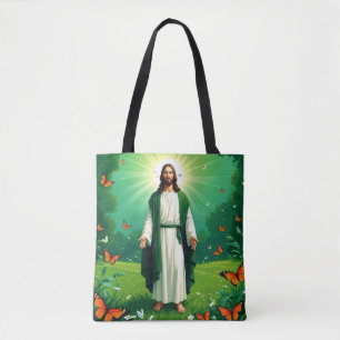 Bolsa Tote Jesus em um jardim cercado por borboletas