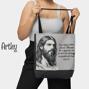 Bolsa Tote Jesus Retrato Desenhar Bíblia Citação Preta e Bran