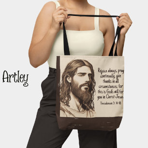 Bolsa Tote Jesus Retrato Desenho Bíblia Citação Sepia e Creme