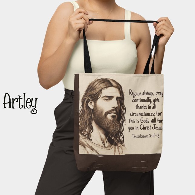 Bolsa Tote Jesus Retrato Desenho Bíblia Citação Sepia e Creme (Criador carregado)