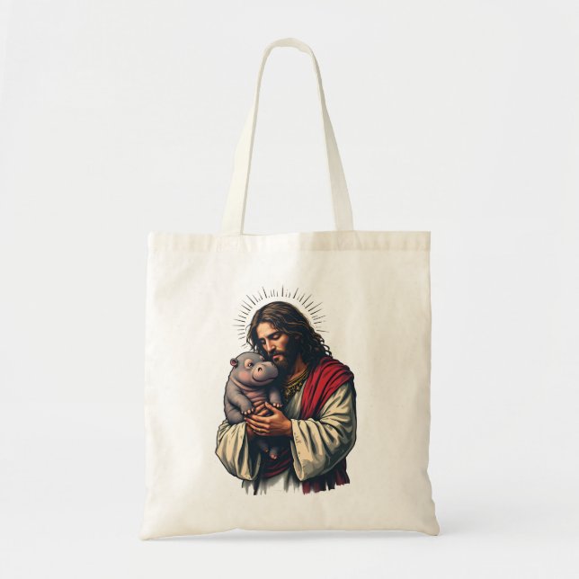 Bolsa Tote Jesus segurando um bebê Moo Deng Hippo (Frente)