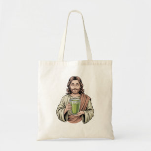 Bolsa Tote Jesus segurando um cristão de bebida verde Matcha
