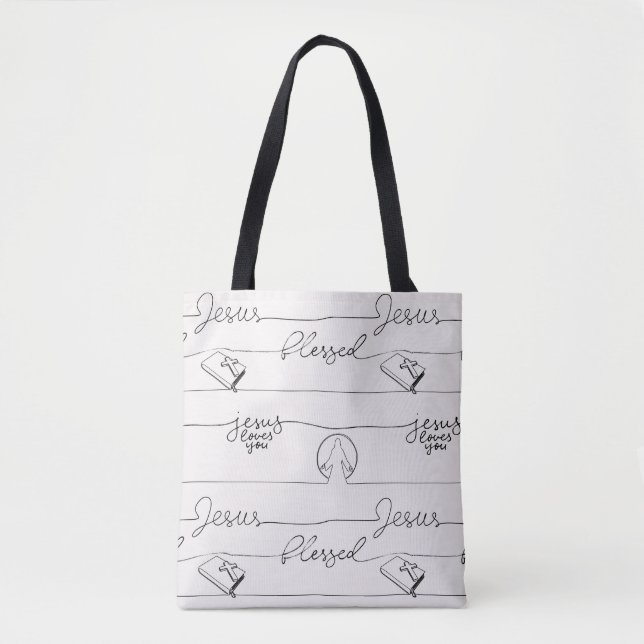 Bolsa Tote Jesus Te Ama, Abençoado, Mãos Rezando (Frente)