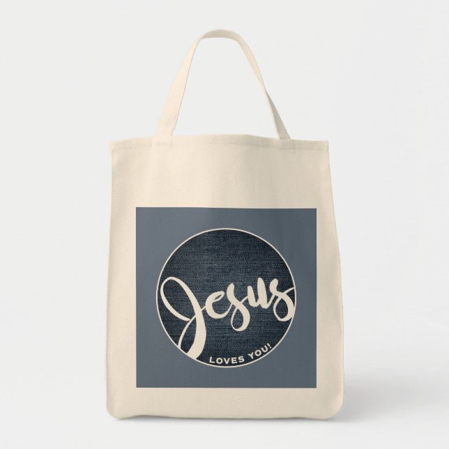 Bolsa Tote Jesus Te Ama Azul Denim Tote Bag (Frente)