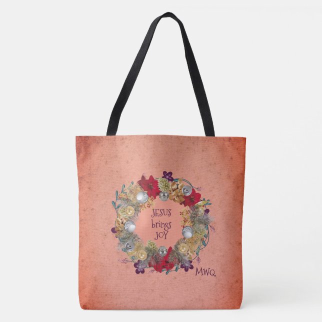 Bolsa Tote JESUS TRAZ JOY Peach Wreath Natal (Frente)
