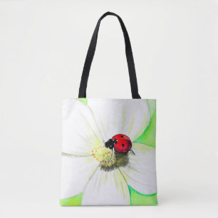 Bolsa Tote Joaninha em uma pintura da flor branca