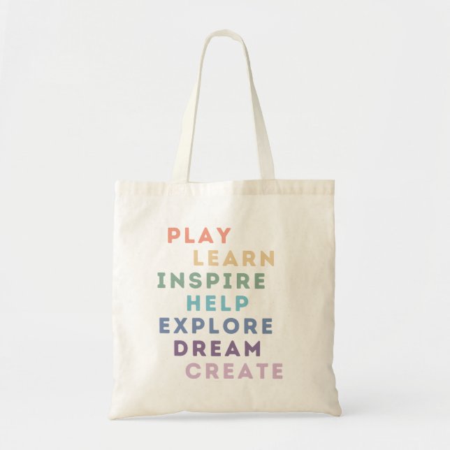 Bolsa Tote Jogar, Aprender, Inspirar, Ajudar, Explorar, Sonha (Frente)