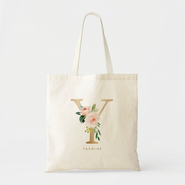 Bolsa Tote Jogo de Letra Floral Peônia Y Dourado Monograma Da (Frente)