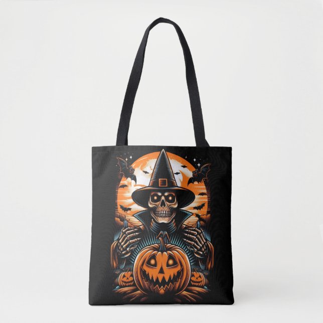Bolsa Tote Jogo do esqueleto com Jack-O'-Lanterna Halloween (Frente)