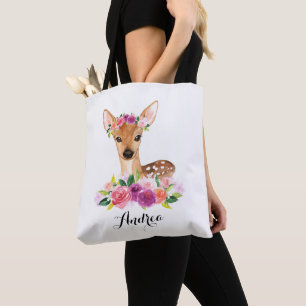 Bolsa Tote Jovem corça da aguarela com a coroa floral