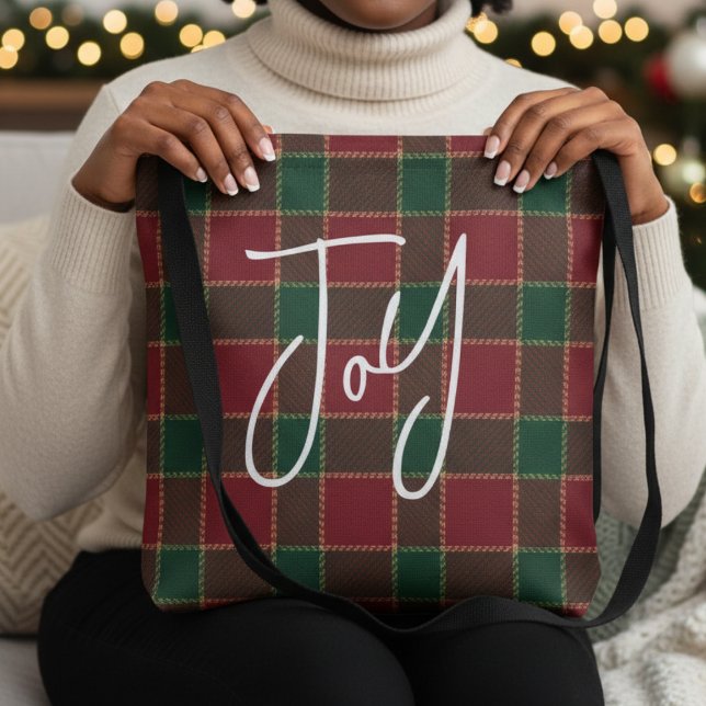 Bolsa Tote Joy Christmas Holiday Red & Green Tartan Pattern (Joy Christmas Holiday Red & Green Tartan Pattern Tote Bag
)