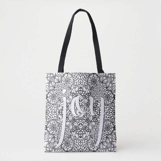 Bolsa Tote Joy Script Calliografia Floral Preto e Branco (Frente)