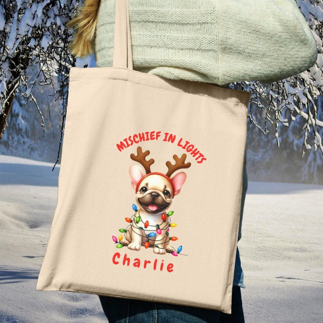 Bolsa Tote Joyful Lights Antlers Watercolor French Buldog (Carry festive cheer with this custom fun French Bulldog tote bag. A perfect gift for dog lovers.)