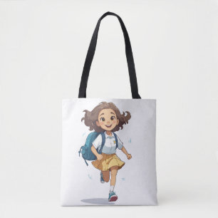 Bolsa Tote Joyful Schoolgirl Running: Animated Back-to-School