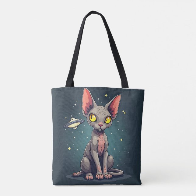 Bolsa Tote Judging Sphynx Cat UFO Space Cartoon Art (Verso)