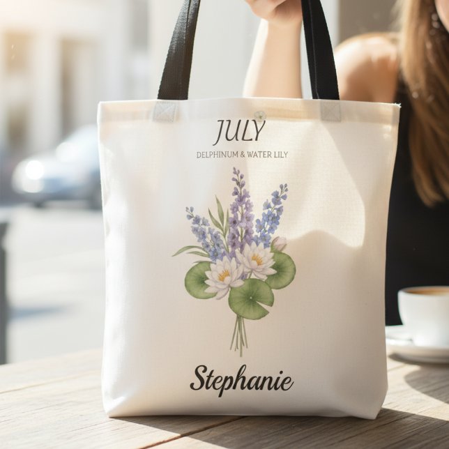 Bolsa Tote July Birth Flowers – Personalized (July birth month flower personalized tote bag)