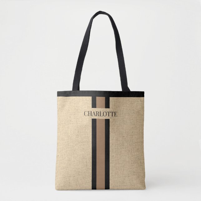 Bolsa Tote Juta de Burlap do Monograma Faux (Frente)