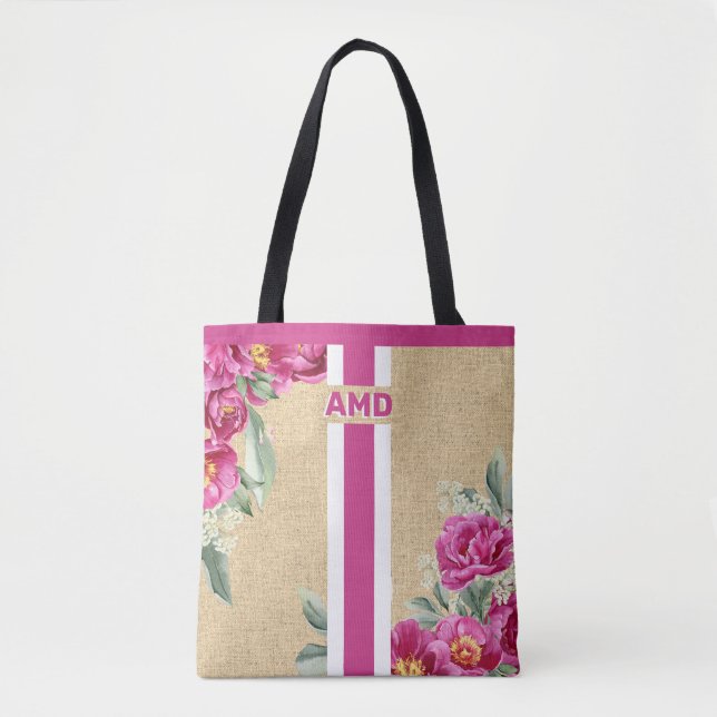 Bolsa Tote Juta de Burlap, Faux Monogramas, Rosa, Rosa (Frente)
