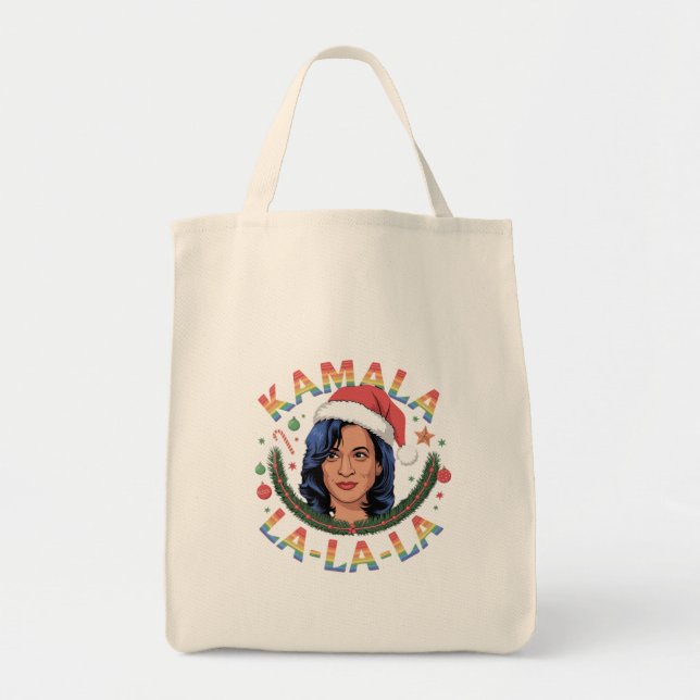 Bolsa Tote Kamala Harris "Comma La" Natal 2024 Engraçado Xmas (Frente)