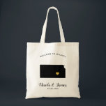 Bolsa Tote Kansas Map Wedding Tote Bag, Preto e Dourado<br><div class="desc">Saco de presentes de boas-vindas para convidados fora da cidade para o seu casamento,  com a imagem do Kansas,  com coração de ouro. Preencha a bolsa com seus doces favoritos.</div>