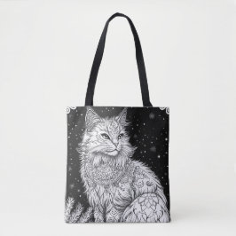 Bolsa Tote Katze mit Mandala unter magischem Sternenhimmel