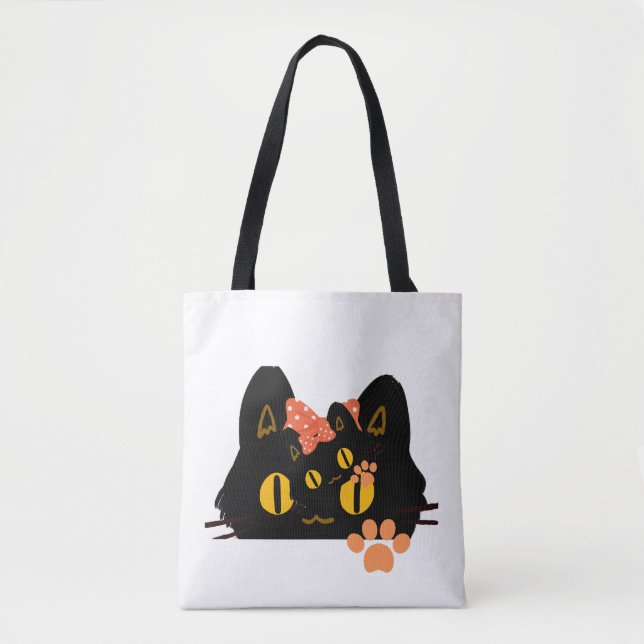 Bolsa Tote Kawaii Black Cat Peekaboo Art with Bow (Frente)